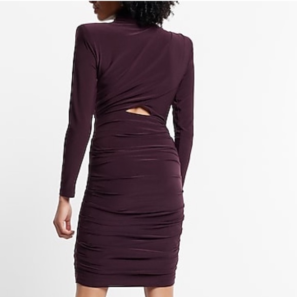 Express Ruched Mock Neck Strong Shoulder Back Cutout Mini Purple Dress Small - Picture 9 of 9